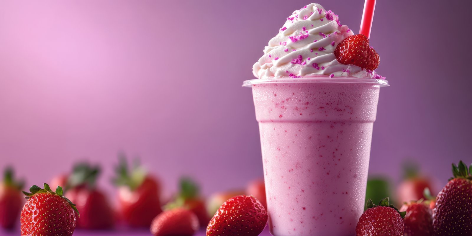 Delicious strawberry milkshake topped with whipped cream and sprinkles on a purple background
